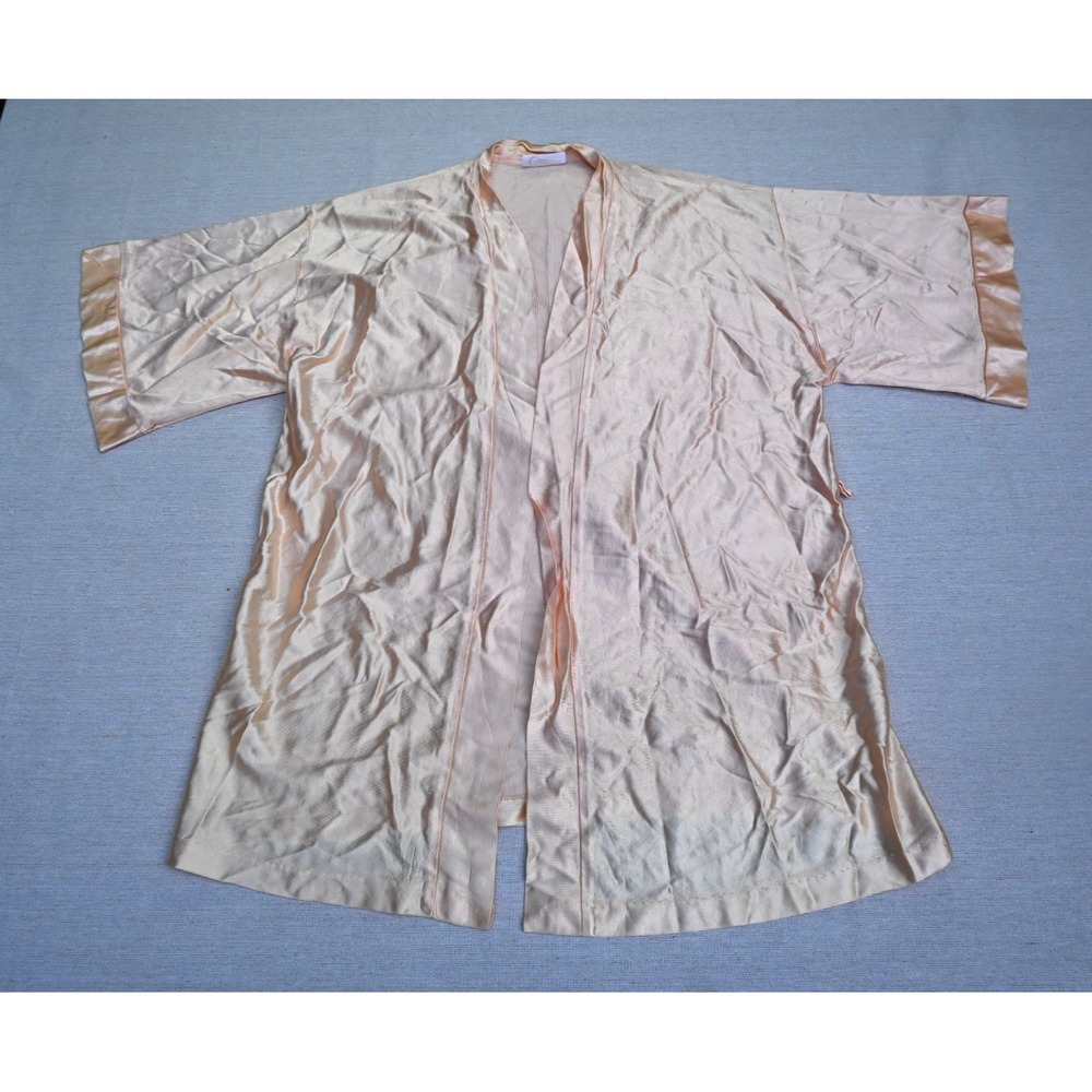Caress Vintage 50s Bed Jacket Womens Peach Satin Kimono Sleeve Shirred Romantic